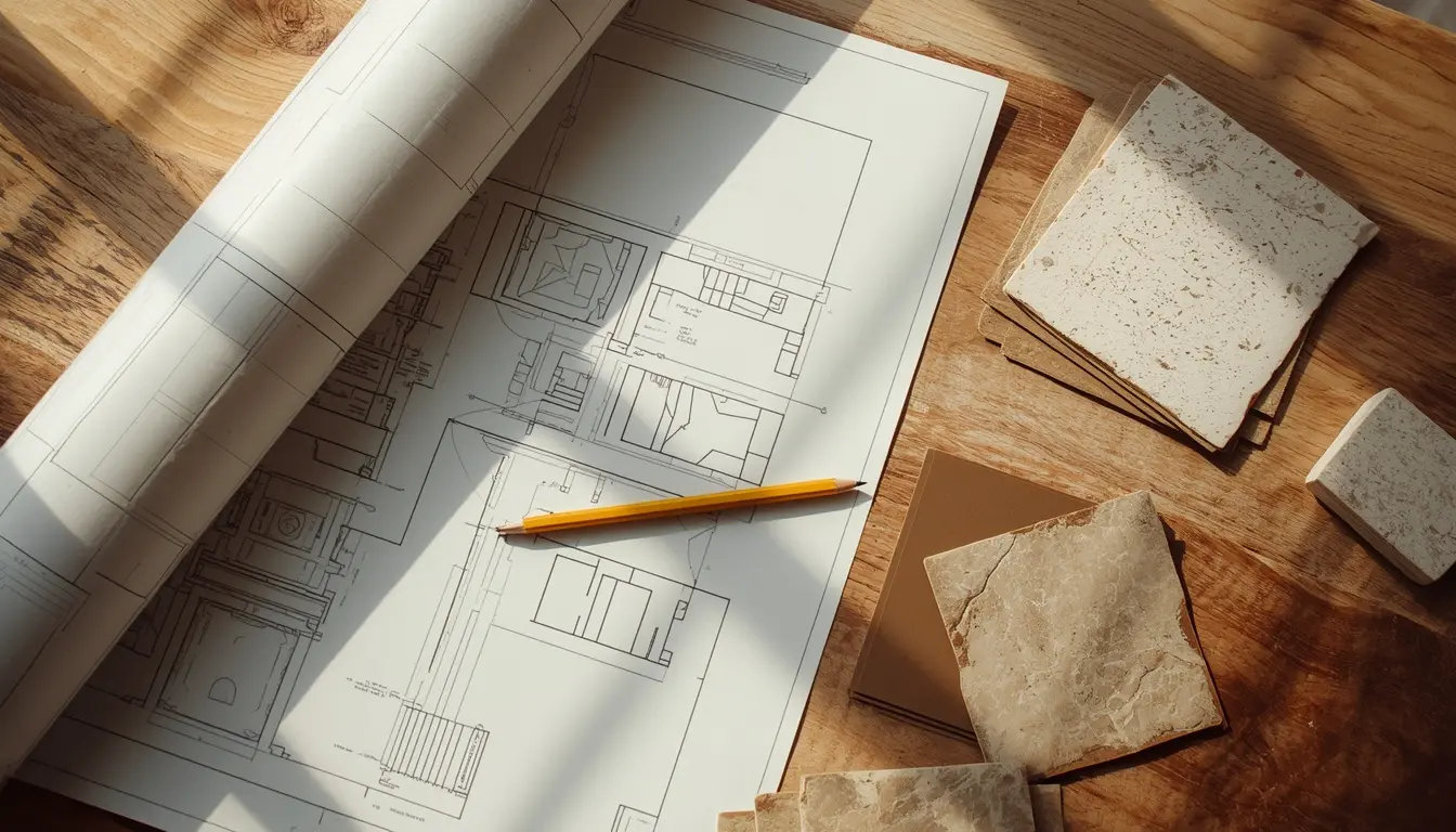 Planos arquitectónicos desenrollados junto a muestras de madera