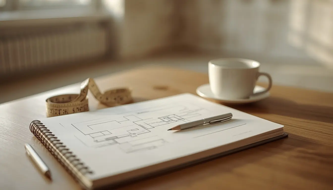 Cuaderno de notas y taza de café sobre una mesa de madera