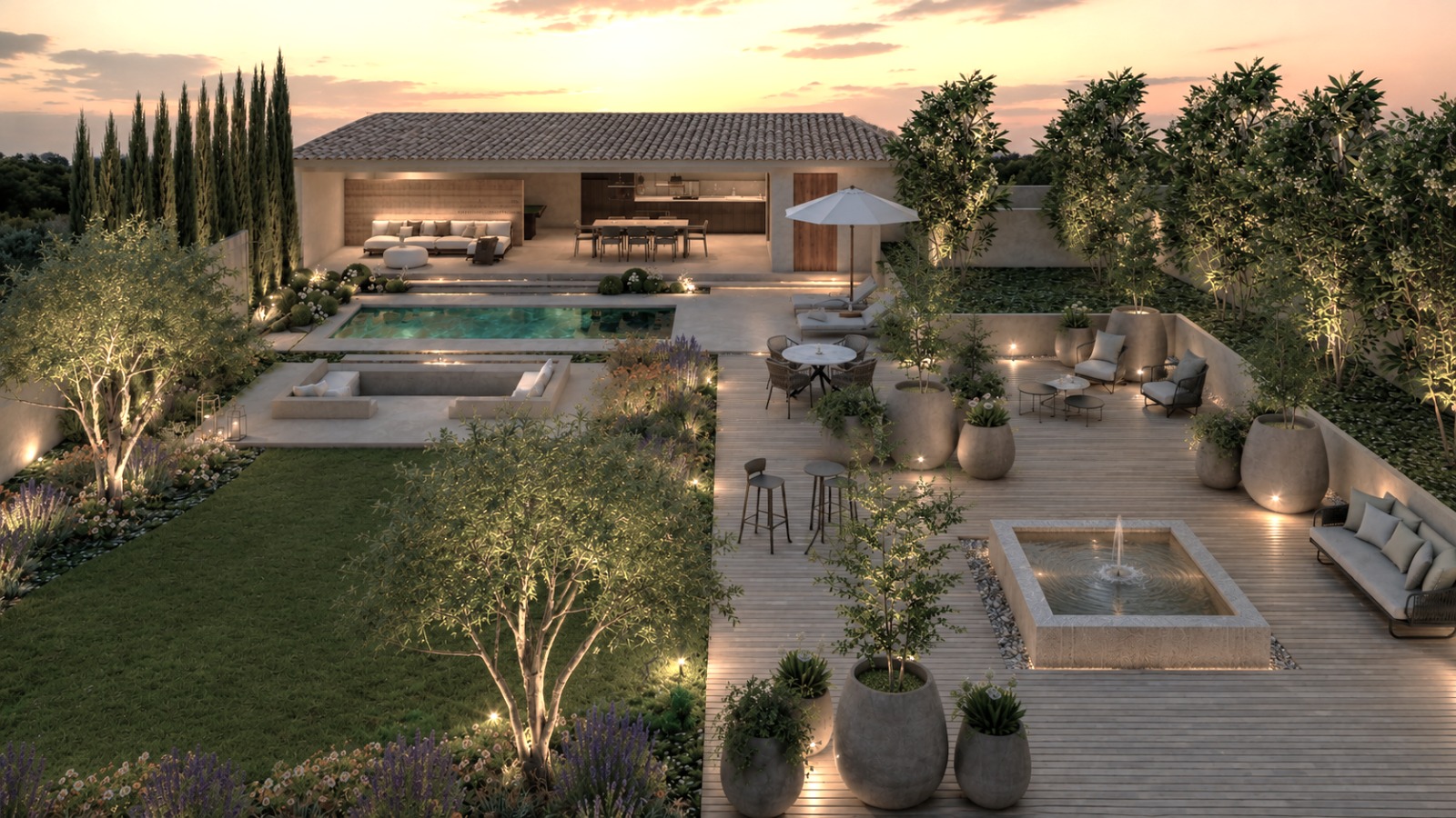 Render of the proposal: aerial view at sunset of a garden with a tile-roofed pavilion, swimming pool, sunken seating area, timber deck with a fountain and lawn — Los Jardines del Monte
