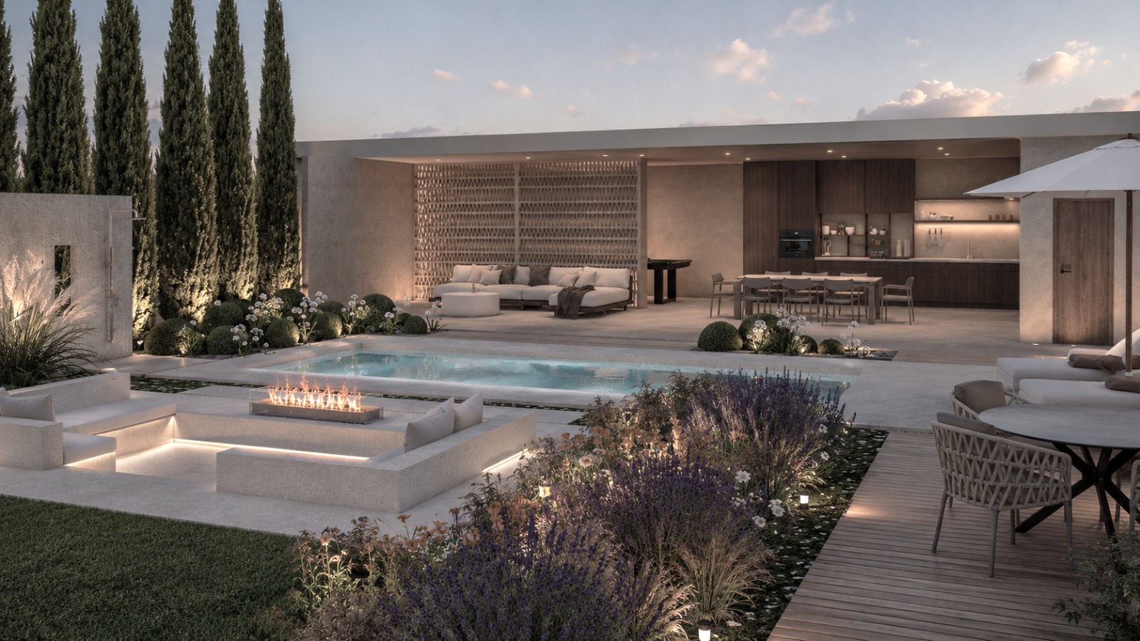 Render of the proposal: sunken seating area with a linear fire beside the pool, with cypress trees, lavender and an open pavilion with lounge, dining and kitchen behind