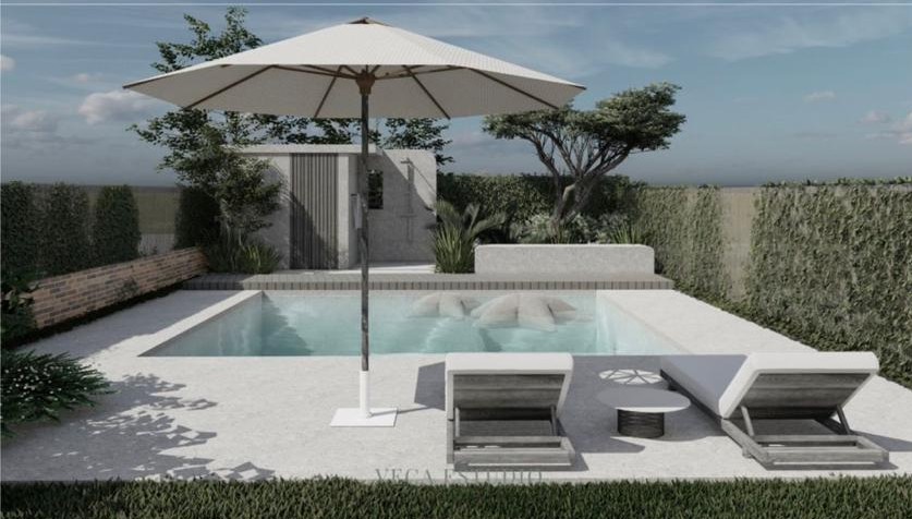 Render of the proposal: swimming pool with a parasol and two sun loungers, with an outdoor shower beside a low wall and hedges behind