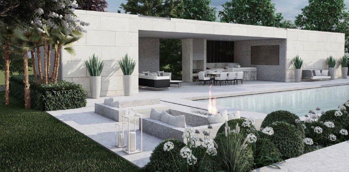 Render of the proposal: light stone pavilion with covered lounge and dining areas, a sunken fire pit beside the pool and white flowers in the foreground