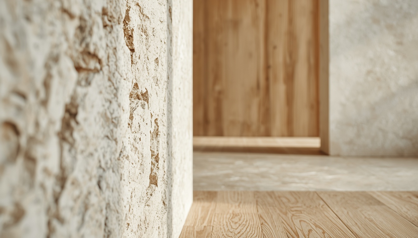 Detail of natural stone and oak wood in an interior — Amara Arquitectura